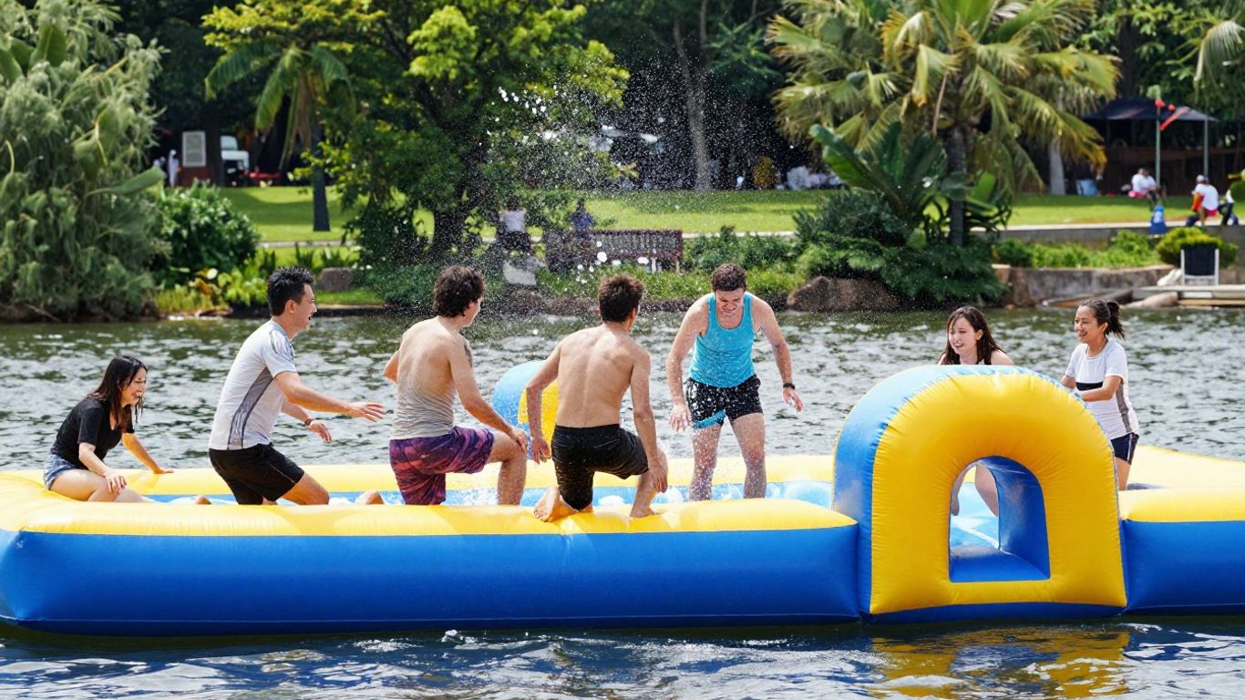Friends climbing inflatable water obstacles