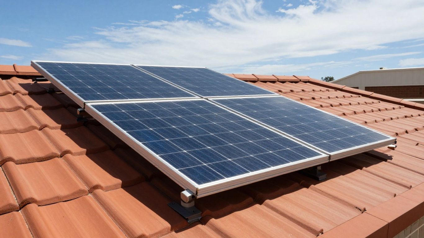 Solar panels on an Australian rooftop under sunlight.