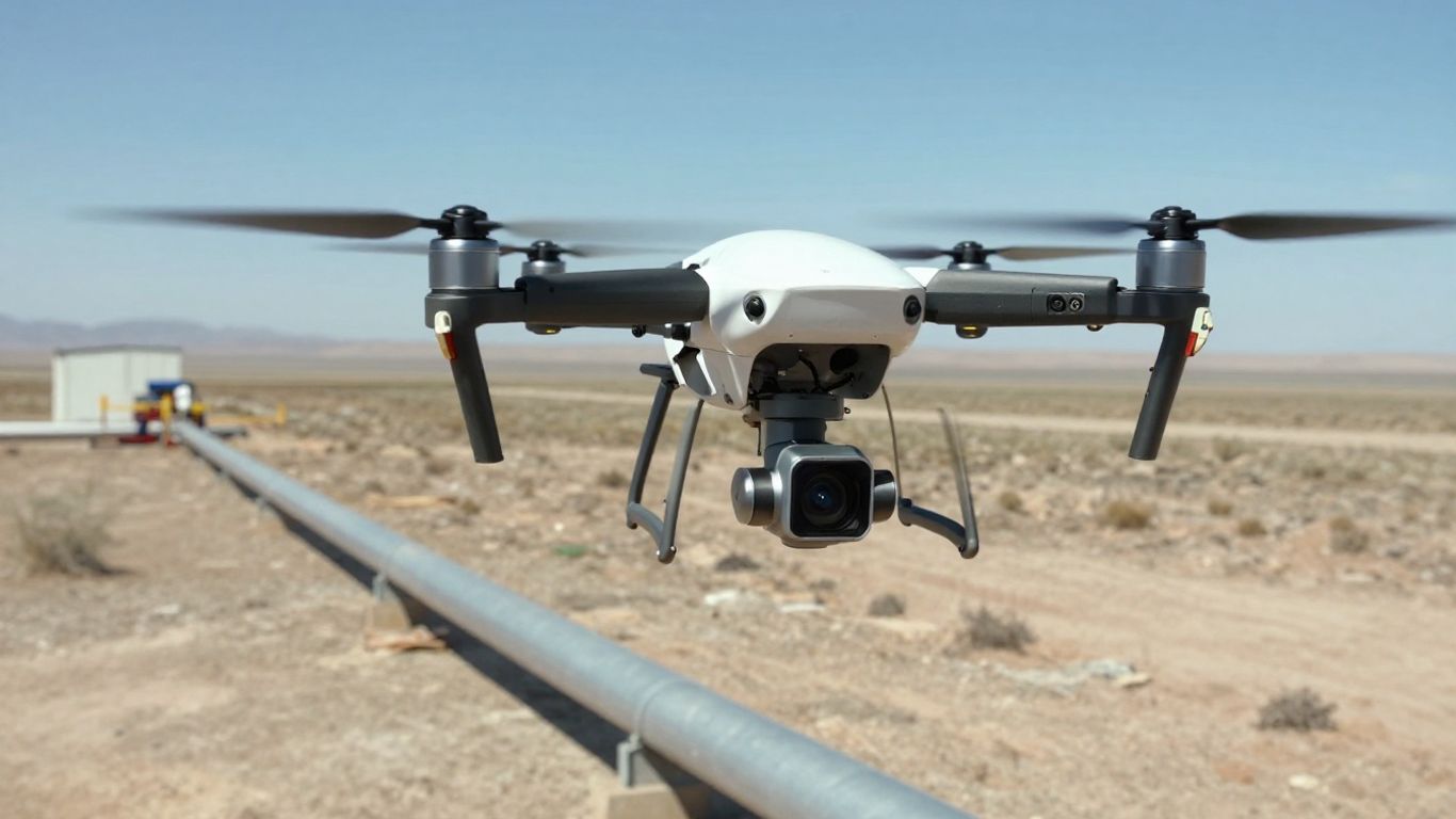 Drone inspecting industrial pipeline from above.