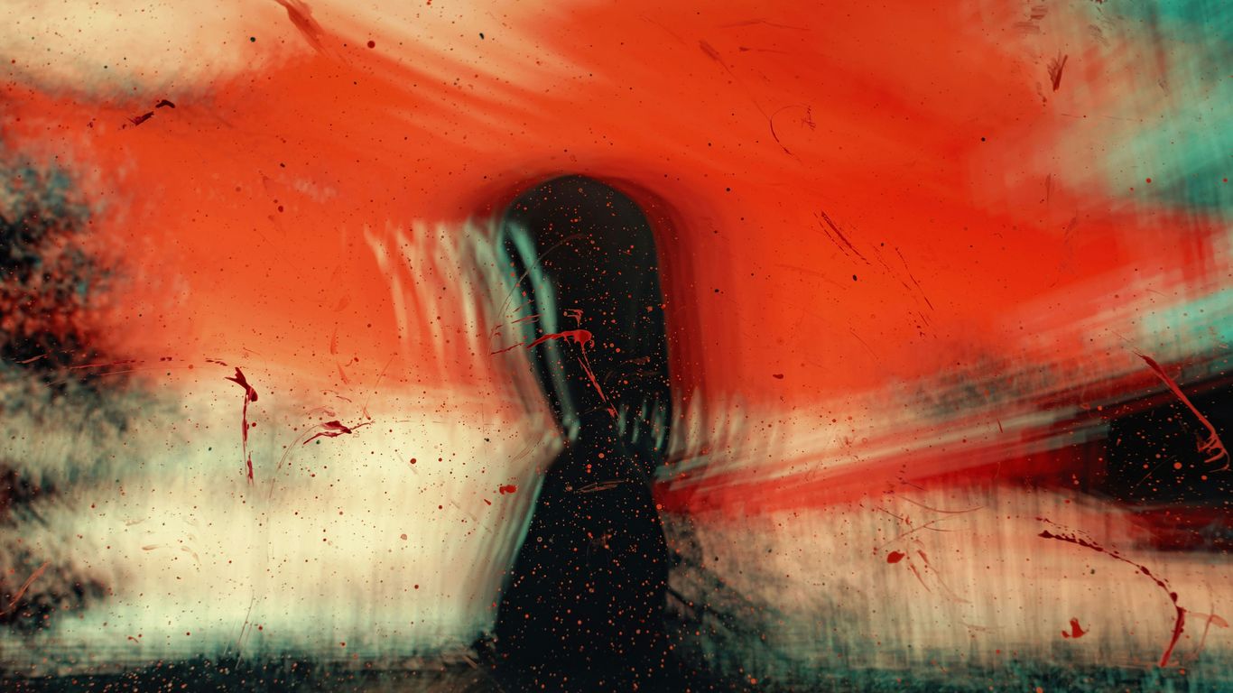 a painting of a person standing in front of a red sky