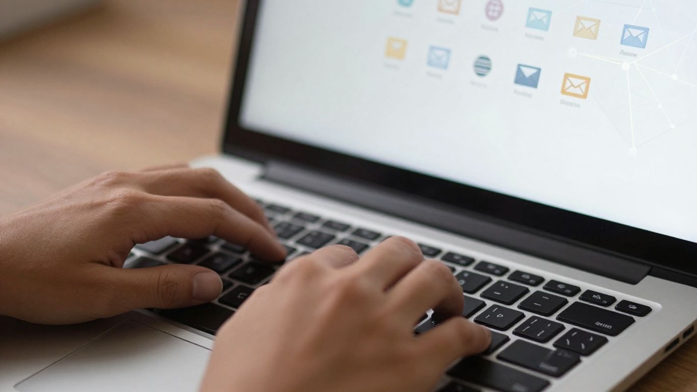Hands typing on a laptop with email icons on screen.