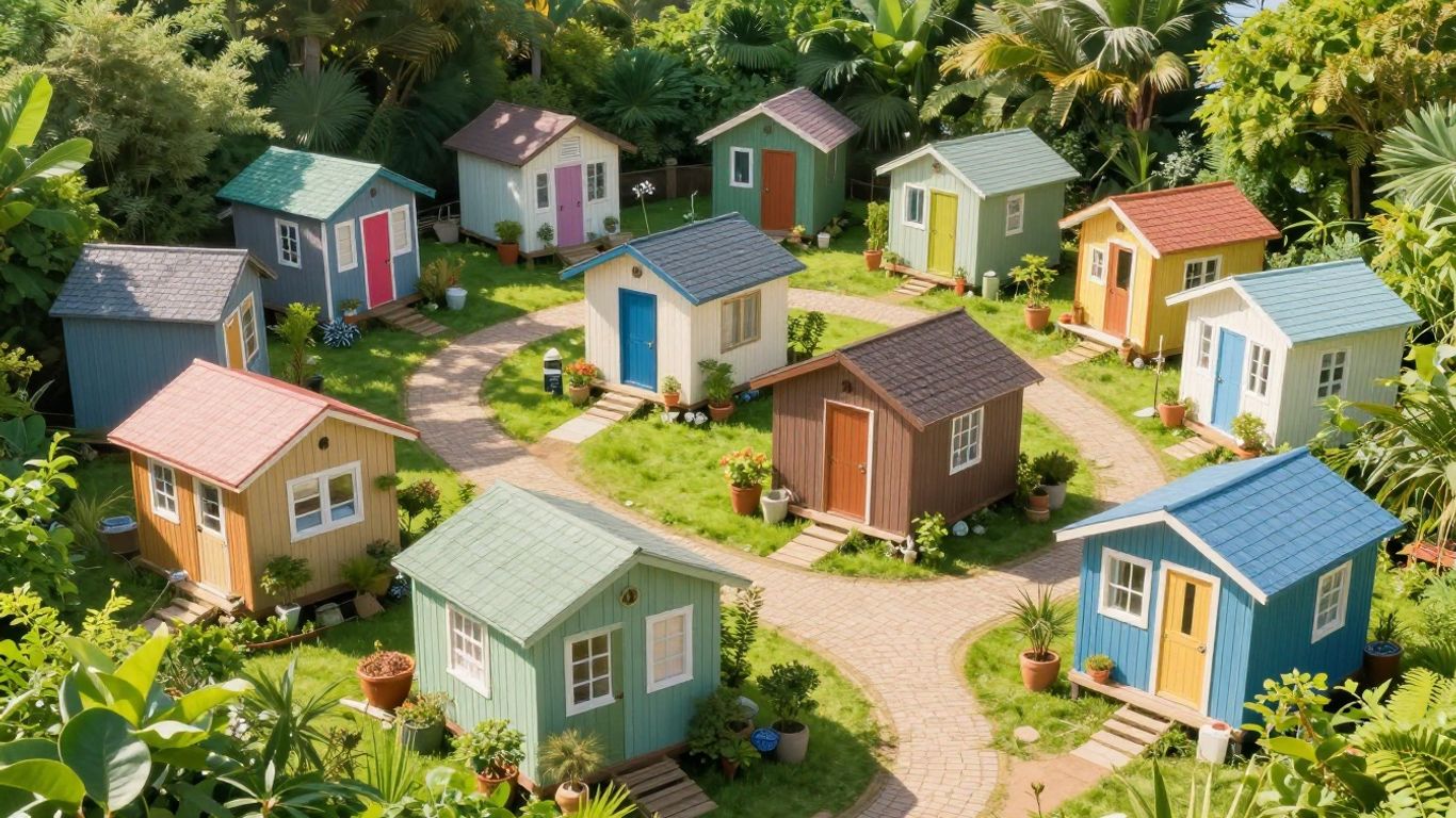 Tiny homes community in a sunny landscape.
