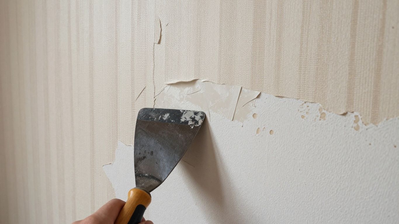 Wallpaper being removed to reveal plaster wall.