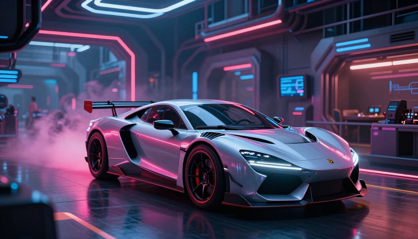 Um carro de corrida futurista em alta velocidade em uma pista iluminada com luzes neon vibrantes de um cenário urbano tecnológico e atmosférico