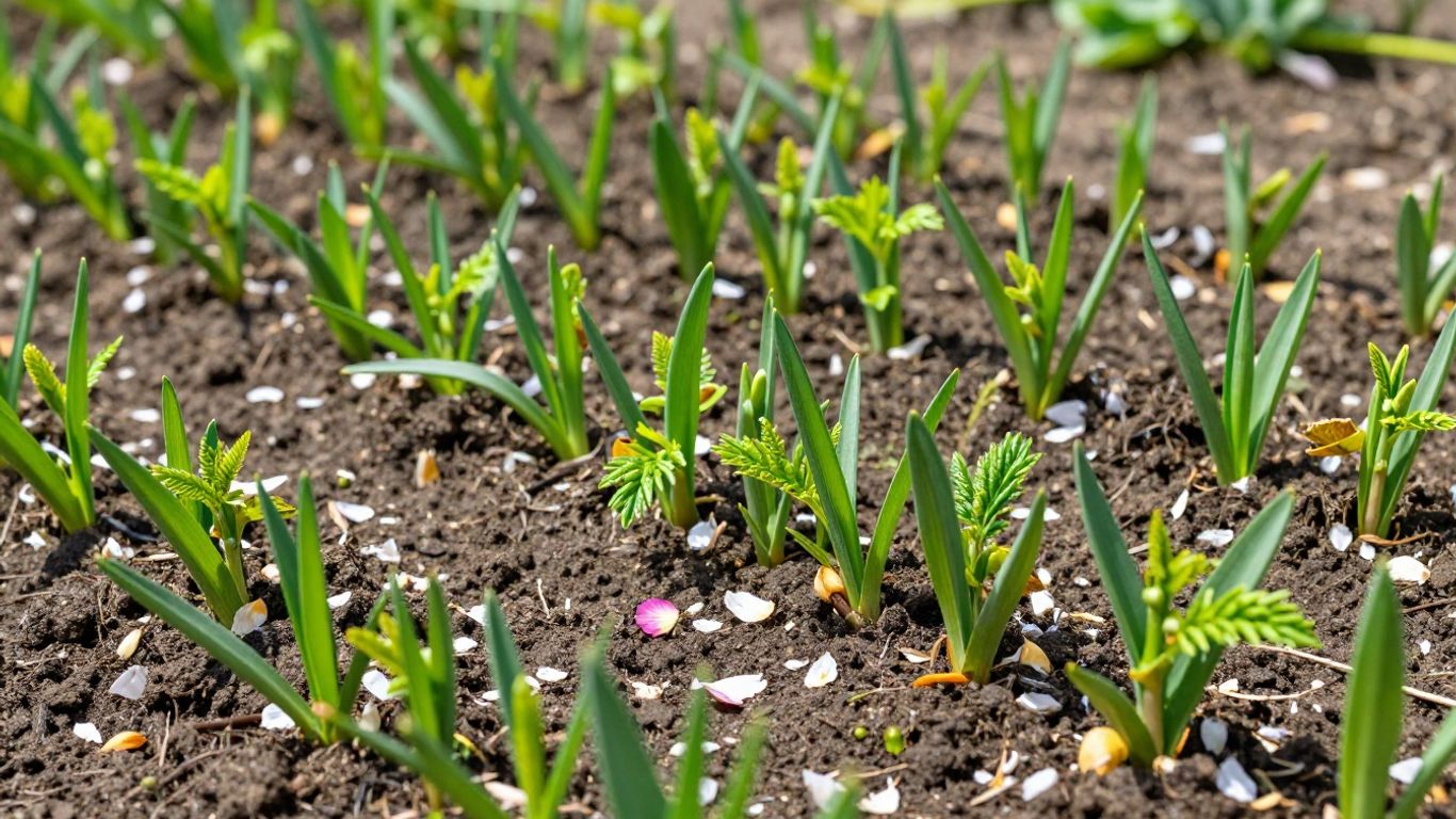 Frühlingsgarten mit jungen Pflanzen und Knospen