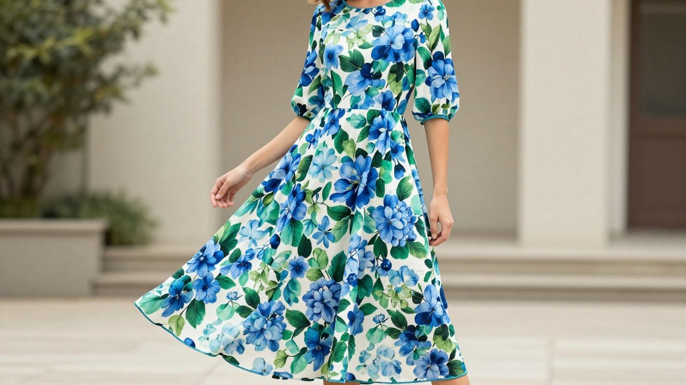 Hortensien 3/4 Ärmel Maxikleid mit Blumenmuster.