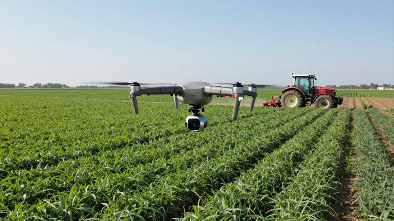 Dronă deasupra câmpului, tractor, agricultură modernă.