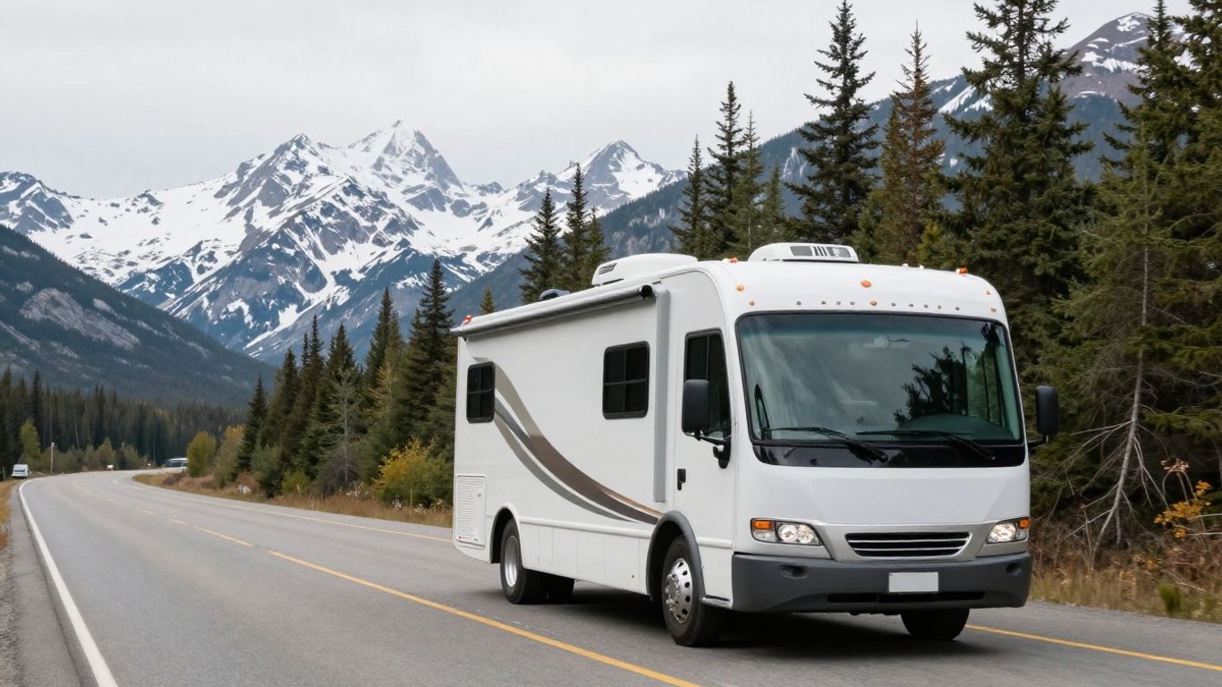 RV driving on a scenic Canadian highway with mountains.