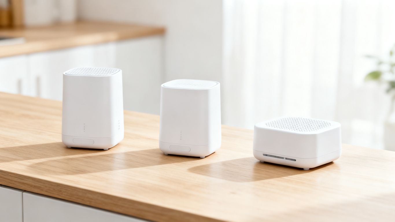 A collection of sleek white minimalist dehumidifier units