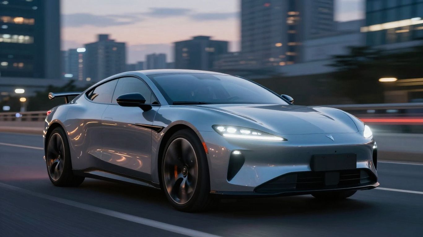 Futuristisches Auto mit leuchtenden Scheinwerfern bei Dämmerung