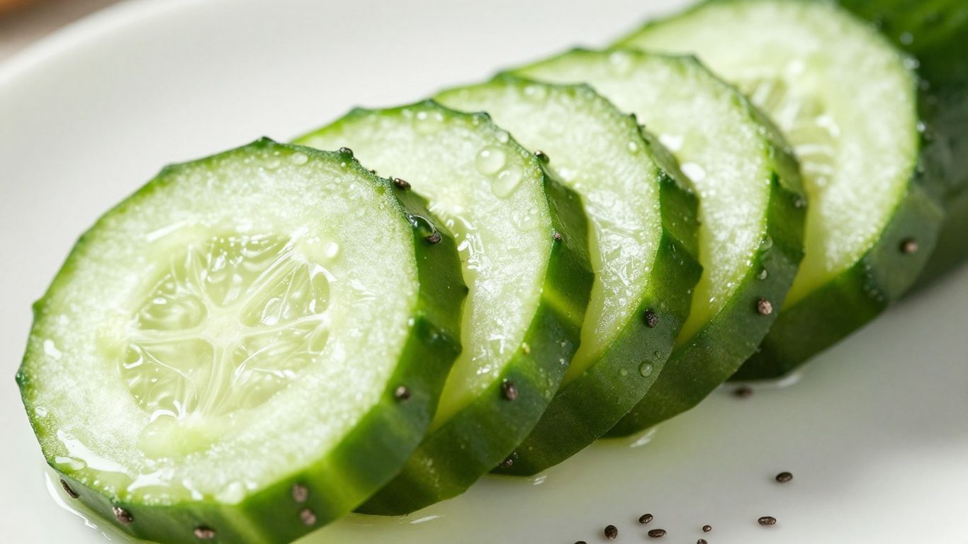 Fresh cucumber slices with water droplets and chia seeds.