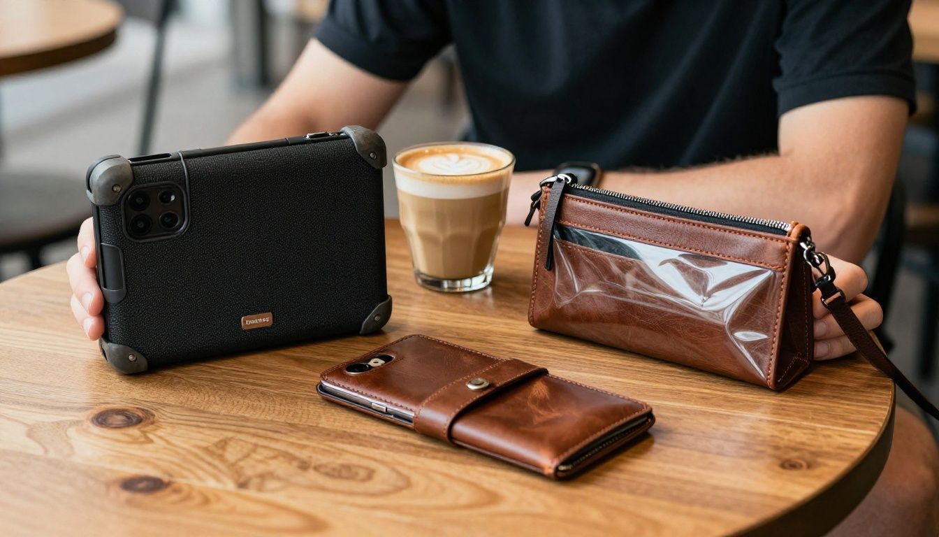 A person sitting at a wooden cafe table in Australia, comparing a rugged black case, a brown leather wallet case, and a clear waterproof pouch next to their Galaxy S25 FE and a flat white coffee.