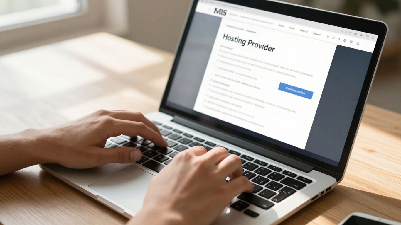Hands typing on laptop with hosting provider options on screen.