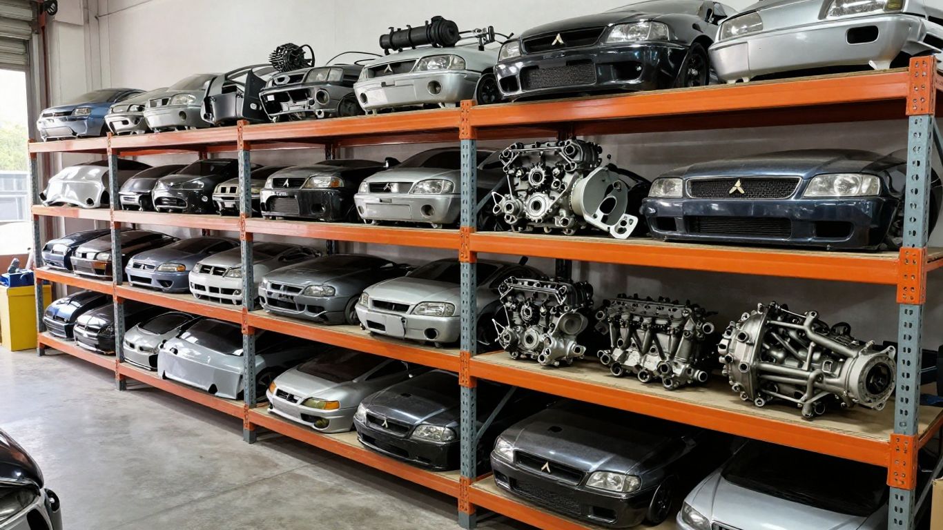 Used Mitsubishi car parts on shelves in a warehouse.