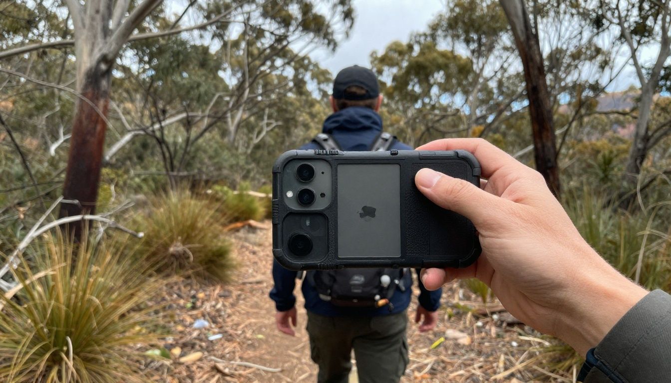 Someone using an iPhone 15 Plus in a rugged case to navigate a hiking trail in the Blue Mountains, Australia.