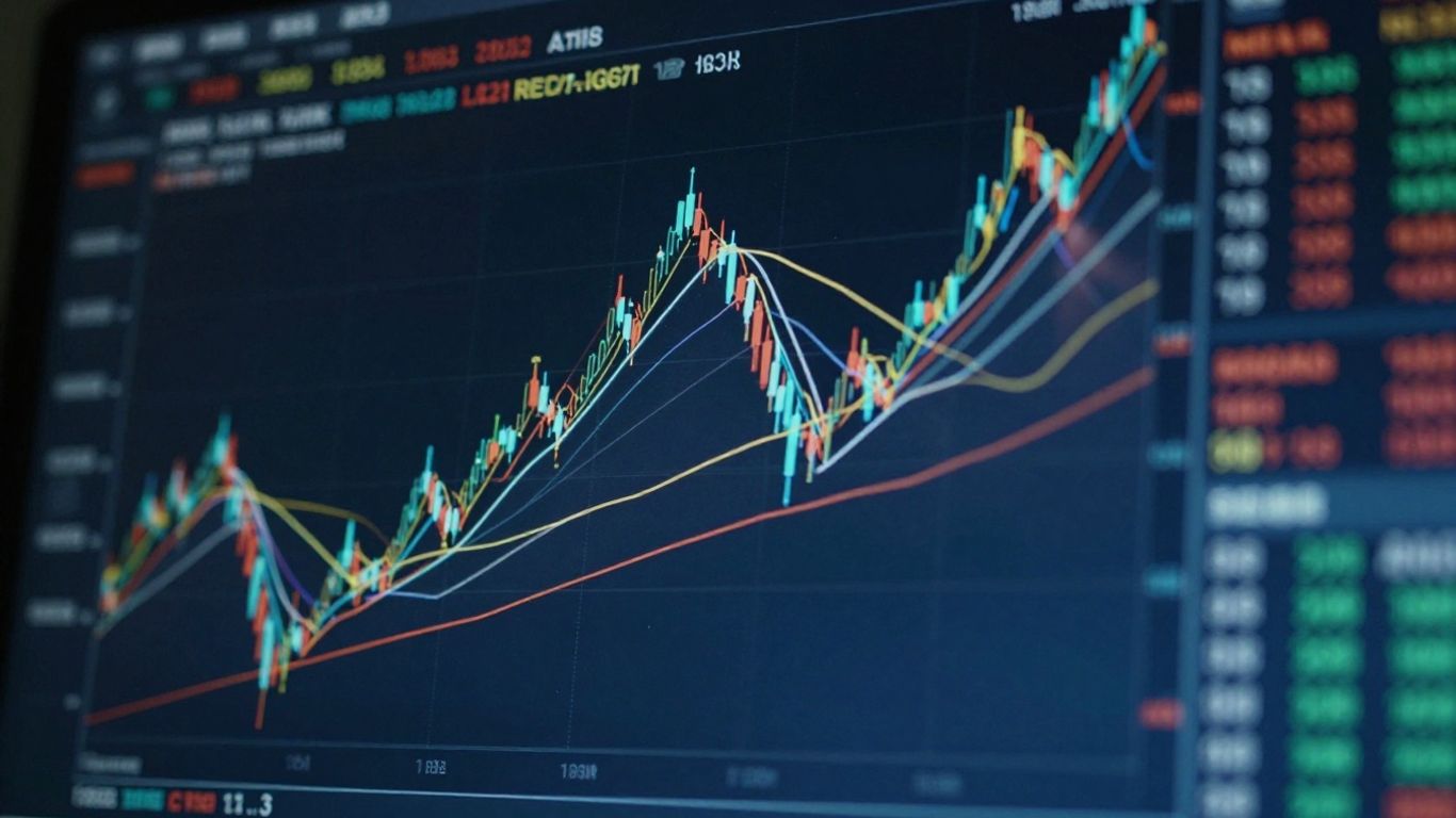 Financial trading chart with colorful indicators.