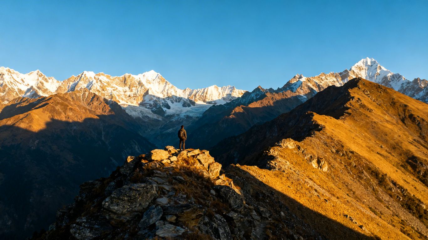 Hiker on Himalayan peak overlooking mountains.