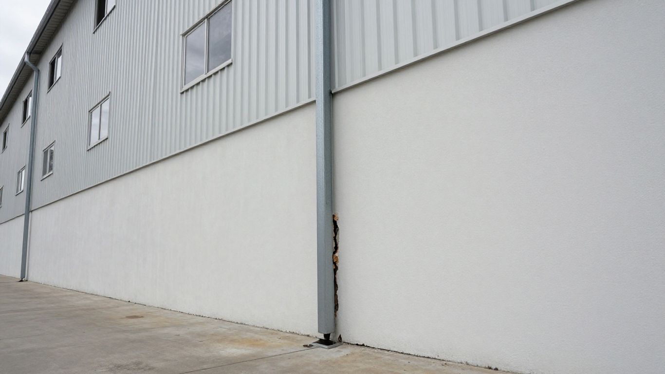 Warehouse exterior with a small rodent entry point gap.