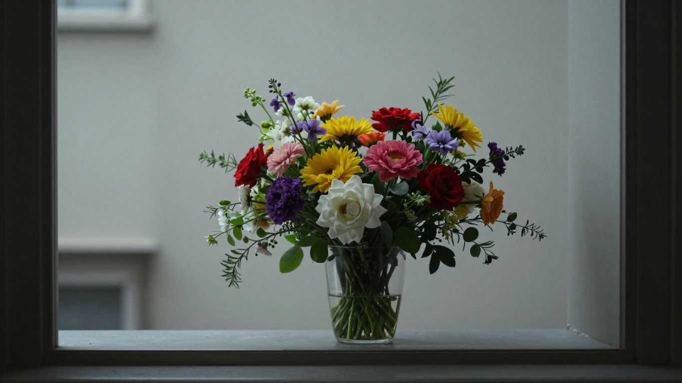 A colorful floral arrangement in a bright room