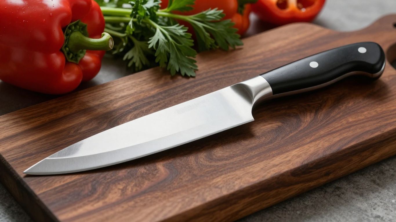 Luxury chef's knife with fresh vegetables on cutting board.