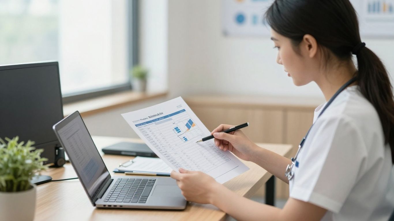 Practice manager reviewing revenue cycle reports