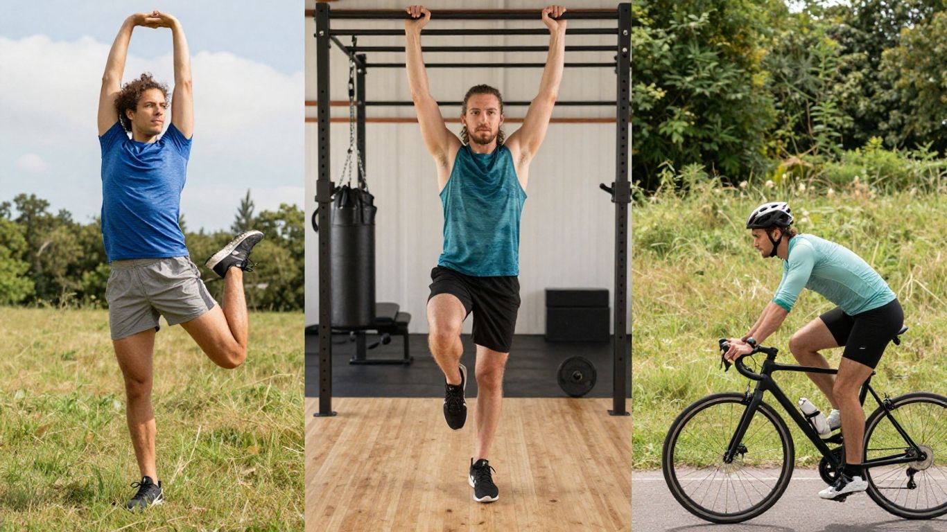 Diverse people exercising outdoors and indoors.