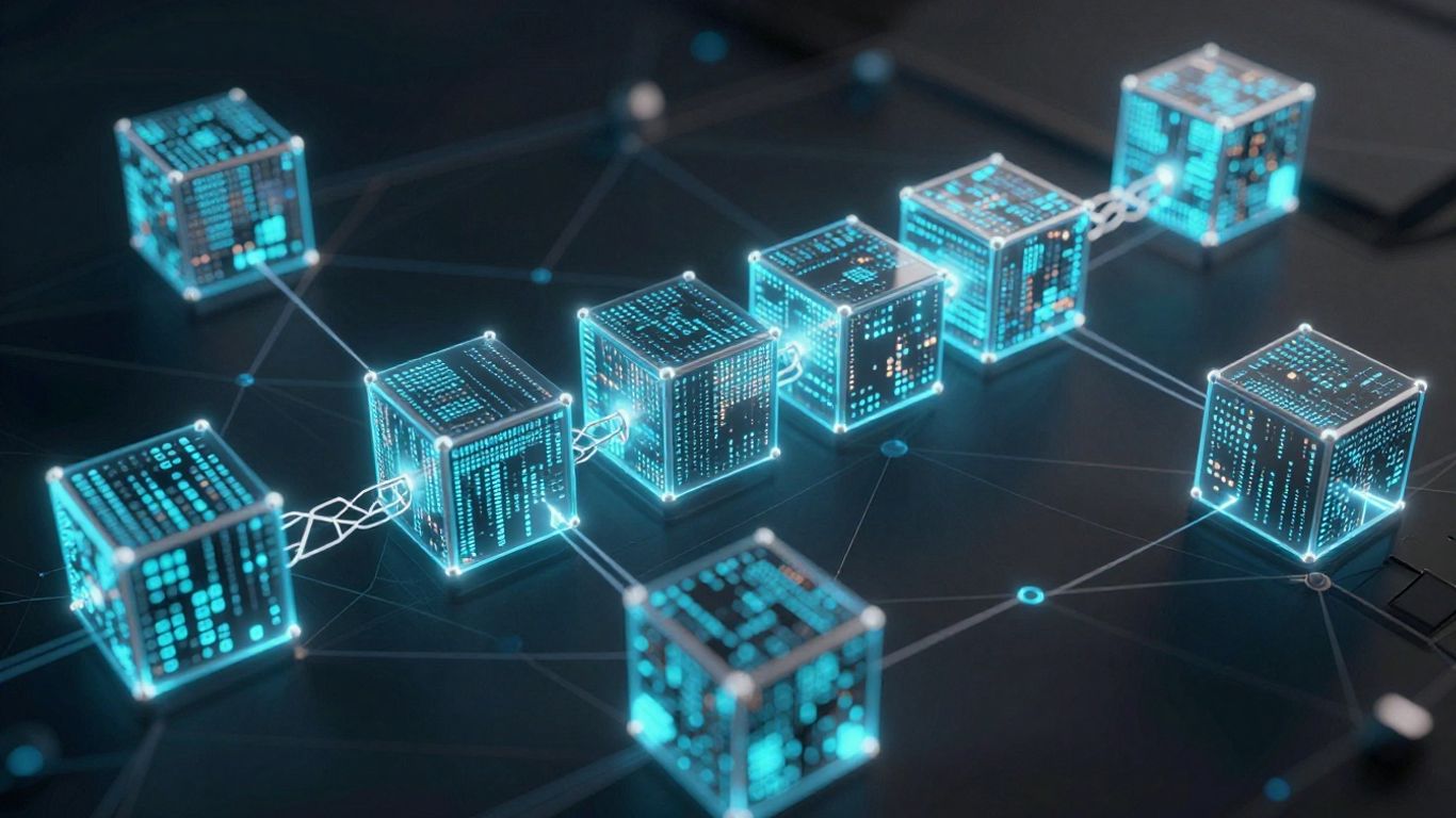 Interconnected digital blocks forming a secure blockchain.