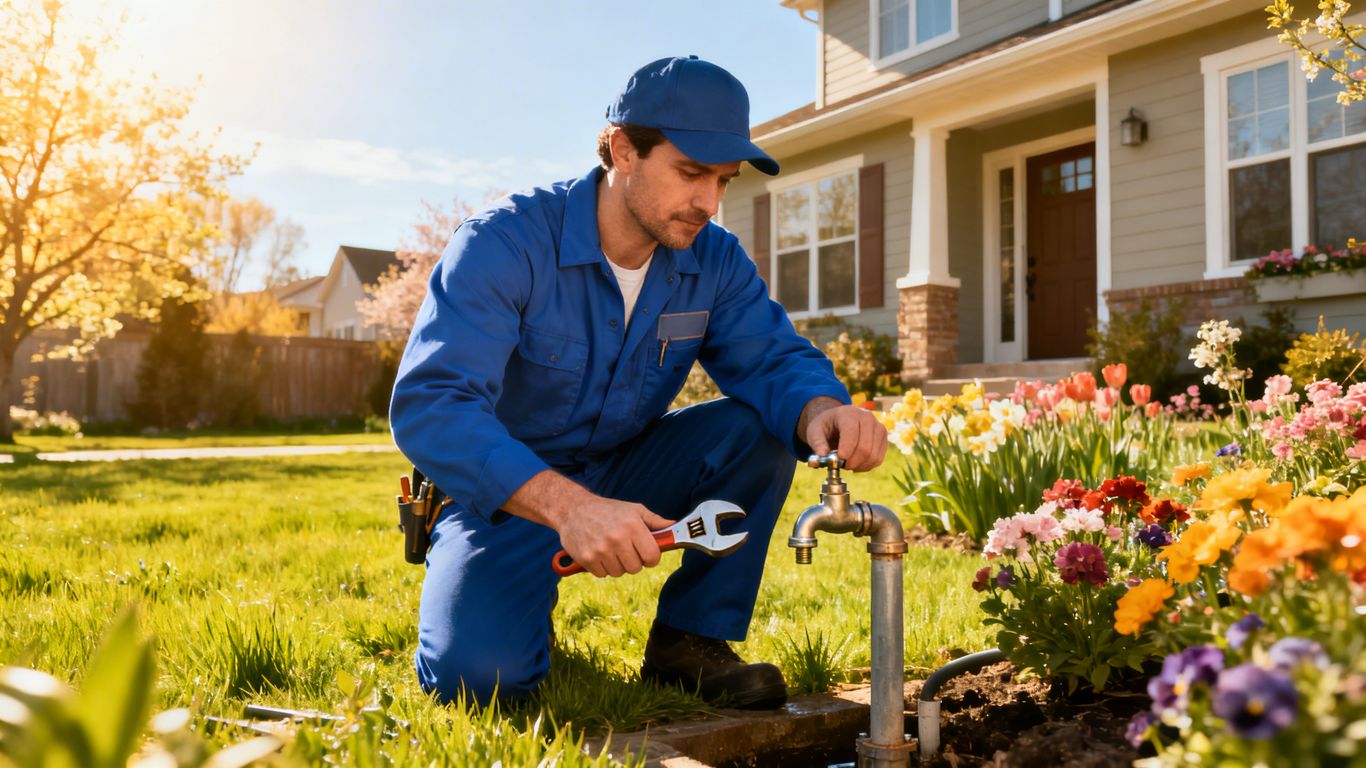 Plumber fixing outdoor faucet on a sunny spring day.