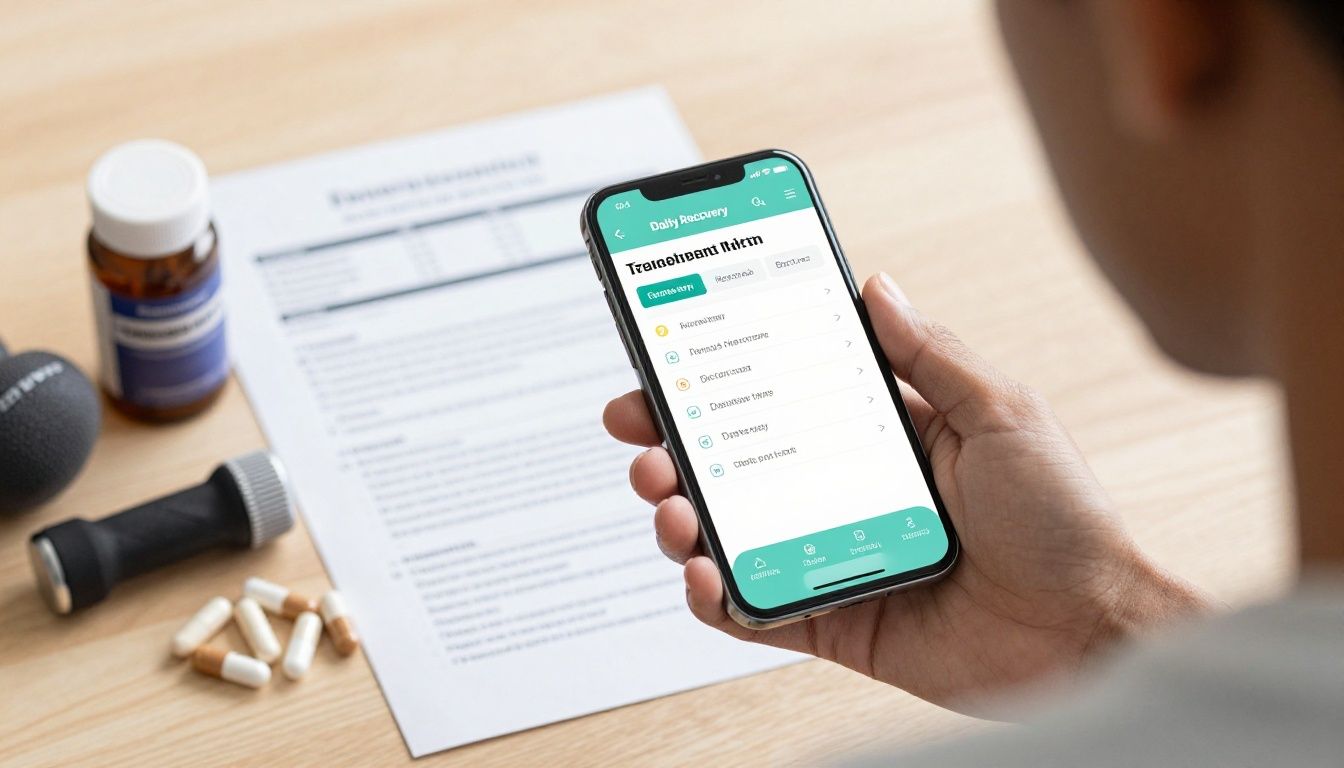 Bright modern health-tech scene showing a diverse adult reviewing a treatment timeline on a smartphone beside organized supplements, lab results, fitness equipment, and a daily recovery routine