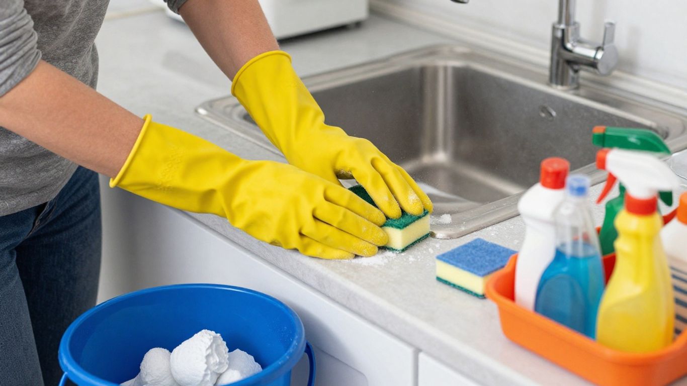 Person cleaning countertop, dust left in hidden areas