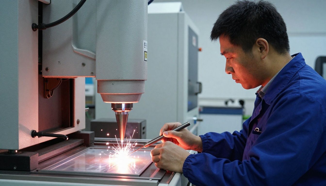 Um profissional altamente qualificado realizando soldagem de alta precisão em um ambiente industrial moderno com faíscas controladas e iluminação profissional