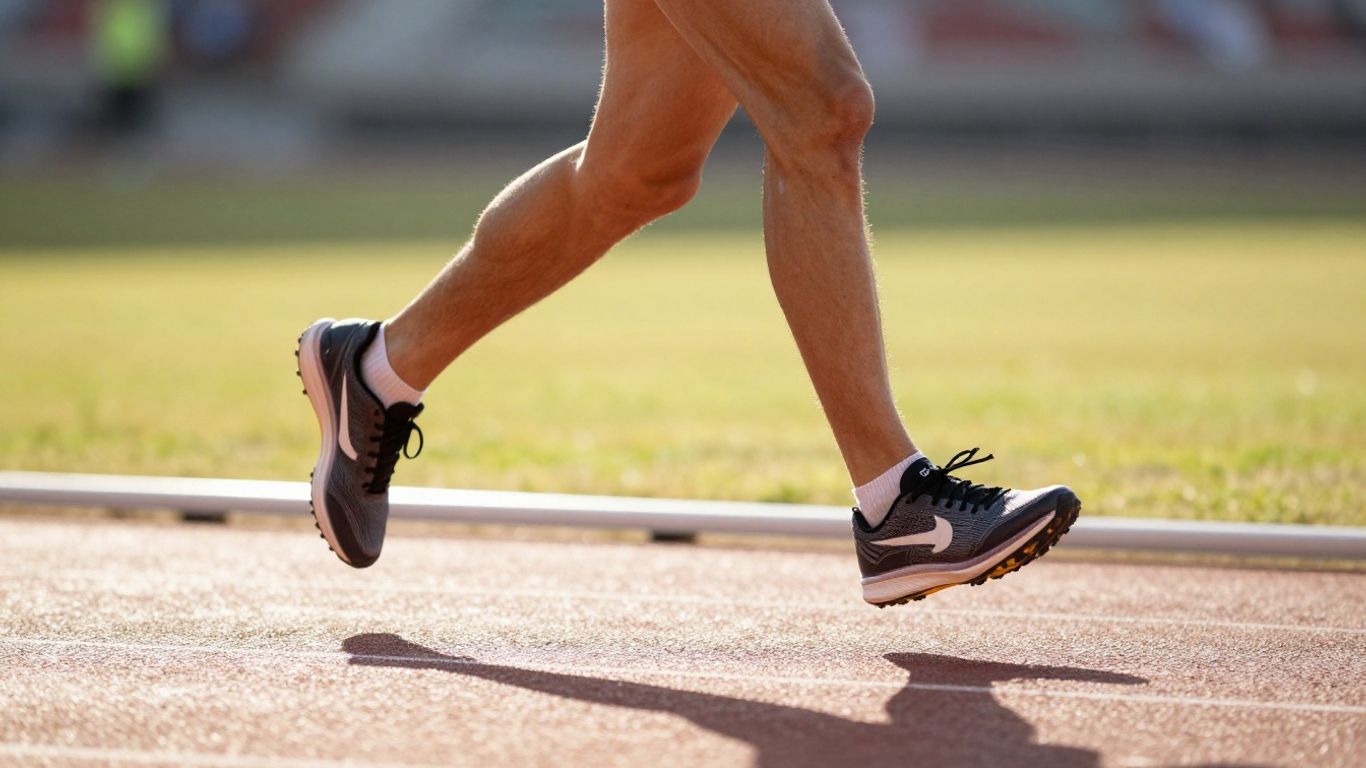 Runner's feet in motion on a track during a race.