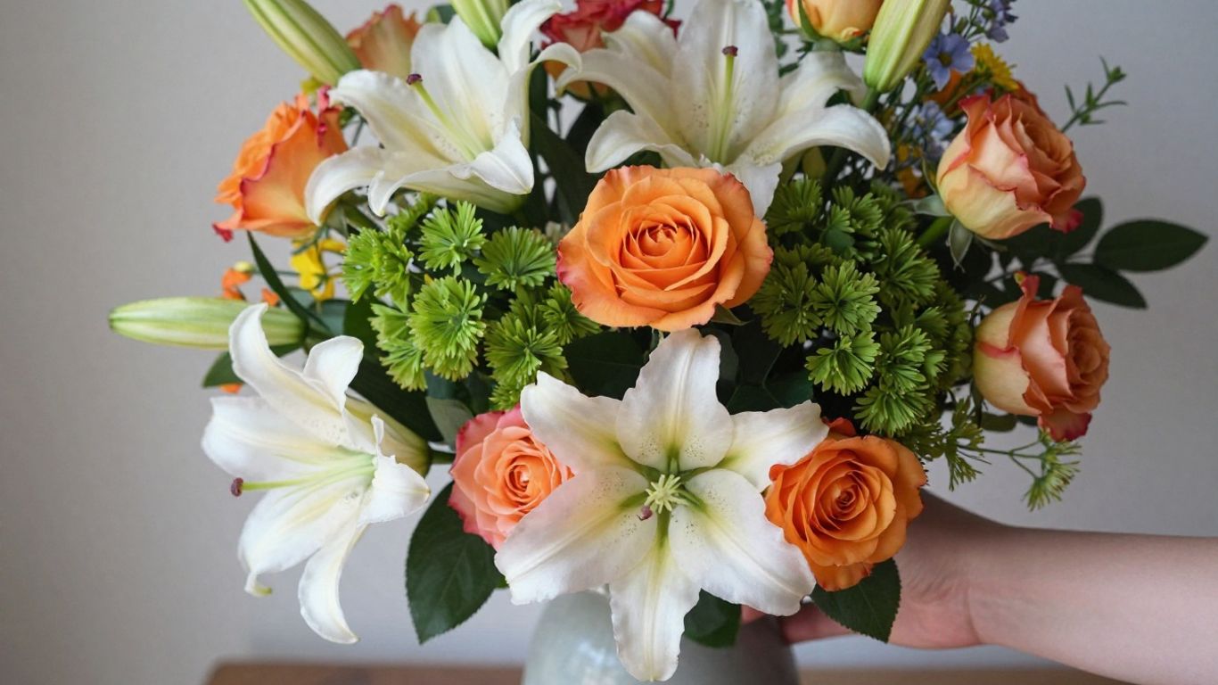 Fresh flower bouquet with roses and lilies.