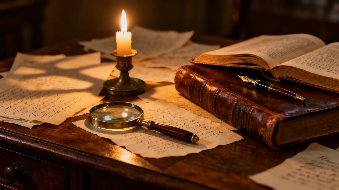 Magnifying glass over mystery novel pages on a desk.