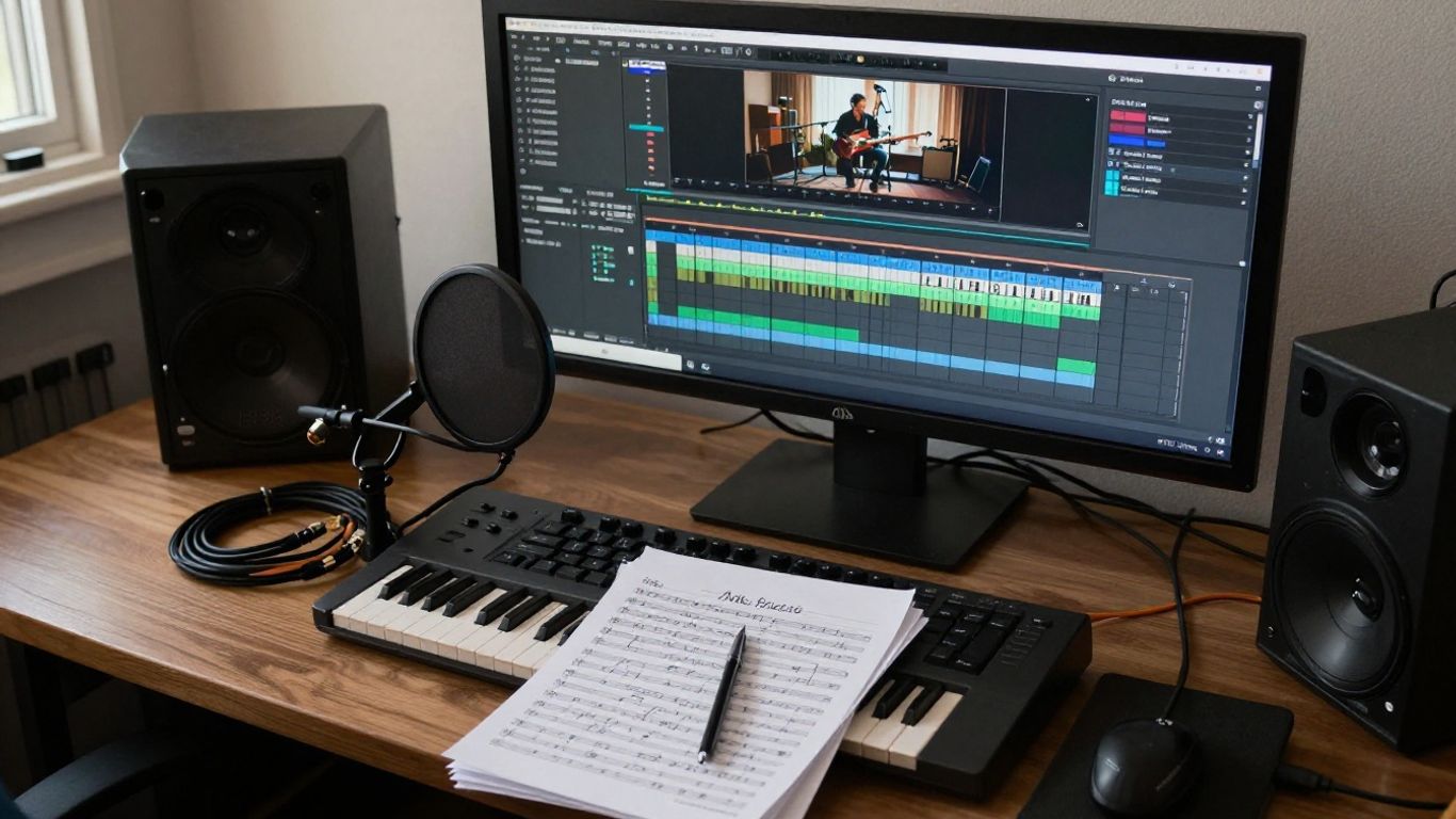 Producer editing AI-assisted song in a home recording studio