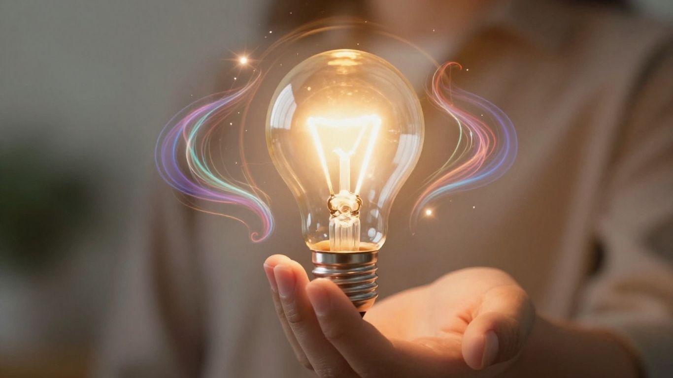 Hand holding glowing lightbulb, abstract energy swirls