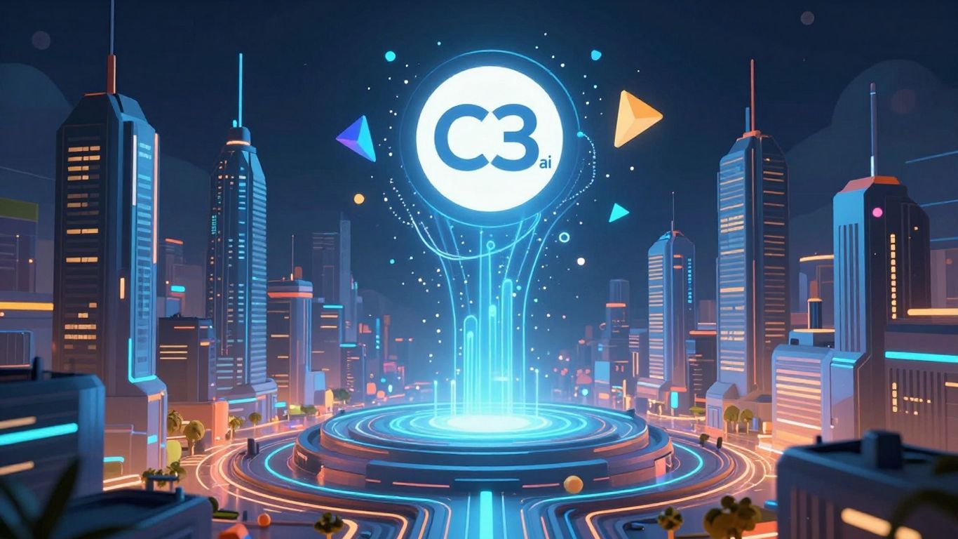 C3.ai stock analysis with futuristic AI cityscape.