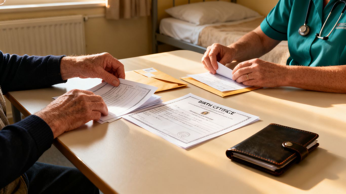 Resident organising documents with a support worker