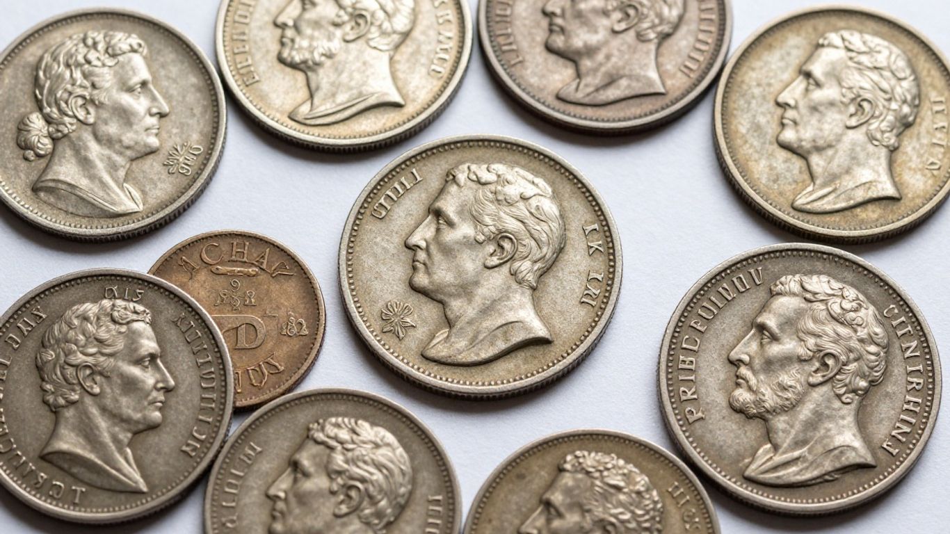 Collection of historical coins with intricate designs and varied textures.