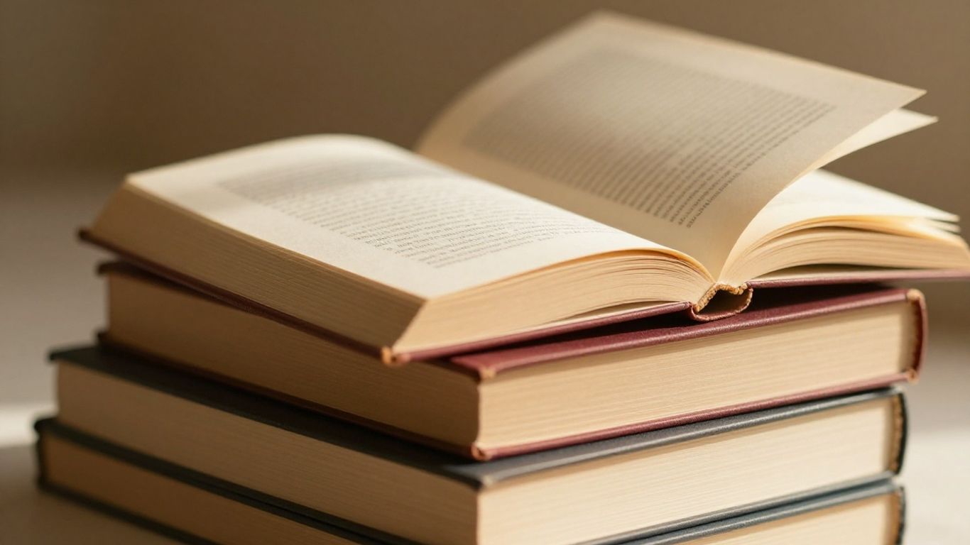 Cozy book stack with warm lighting and romantic colors.