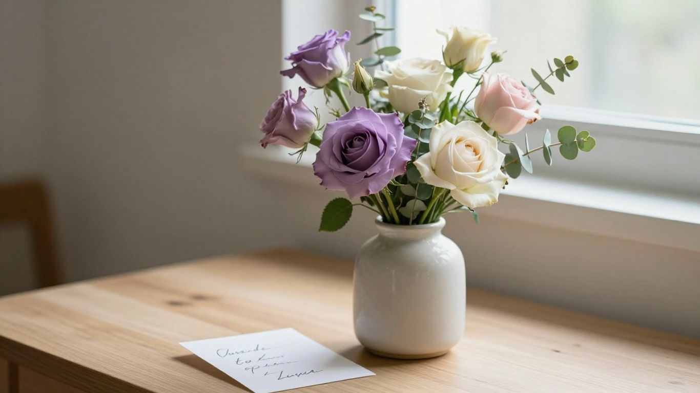 Handwritten card resting beside pastel flowers