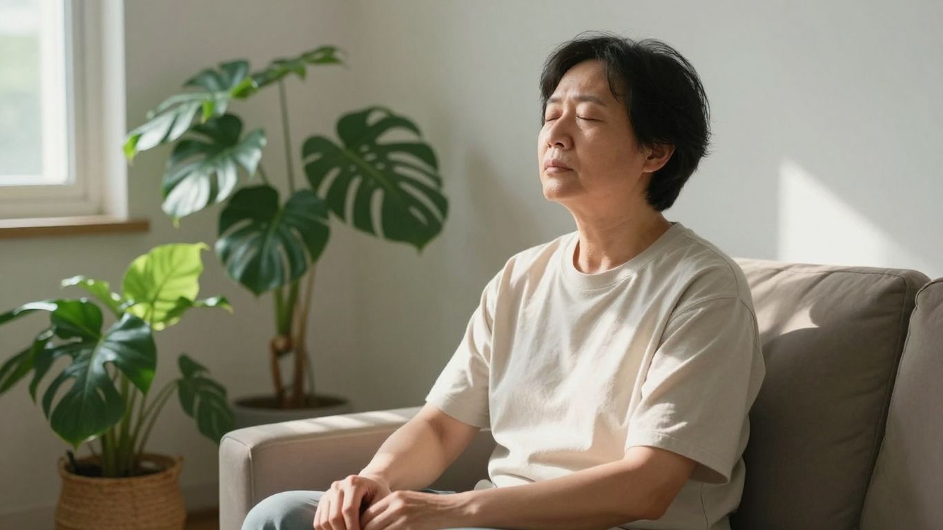 Person practicing slow breathing in a quiet room
