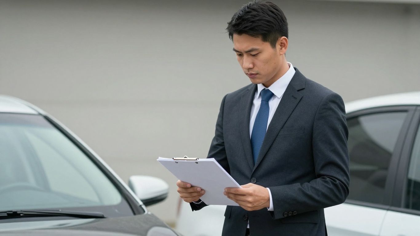 Anwalt neben beschädigtem Auto mit Klemmbrett