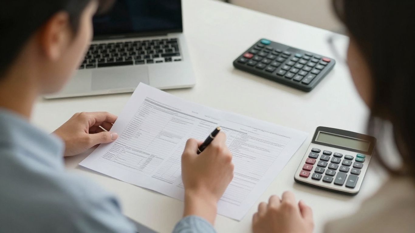 Bookkeeper checking printed bank records at a tidy desk