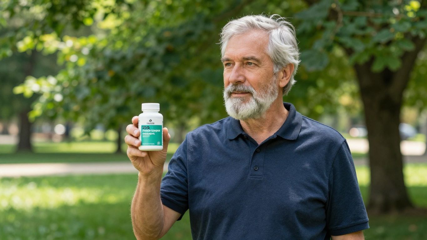 Man holding prostate supplements in a park.