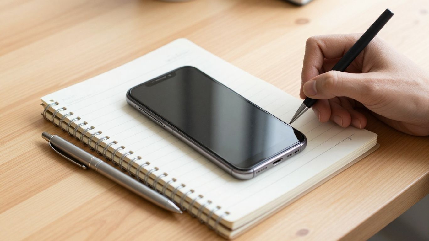 Mobile phone displaying a banking app beside a notebook