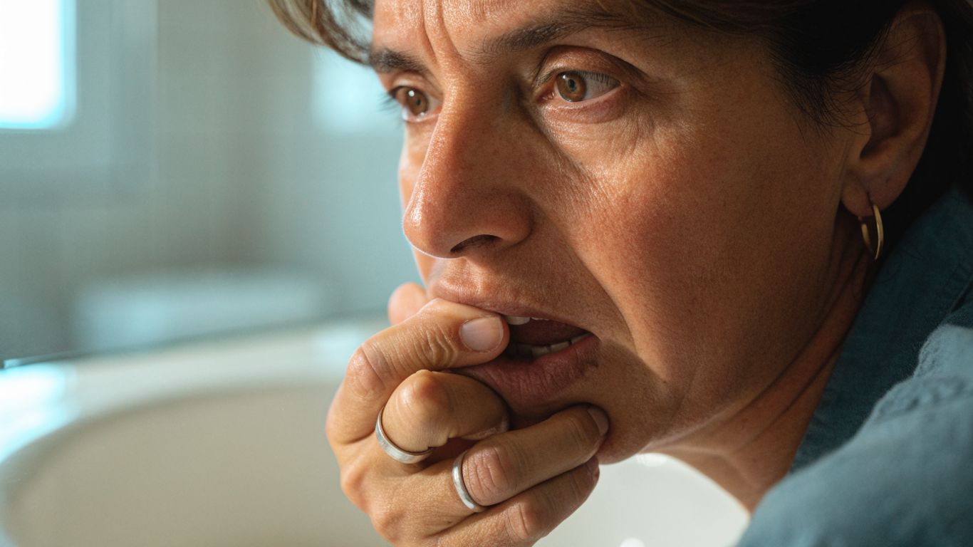 Adult checking healthy gums in bathroom mirror