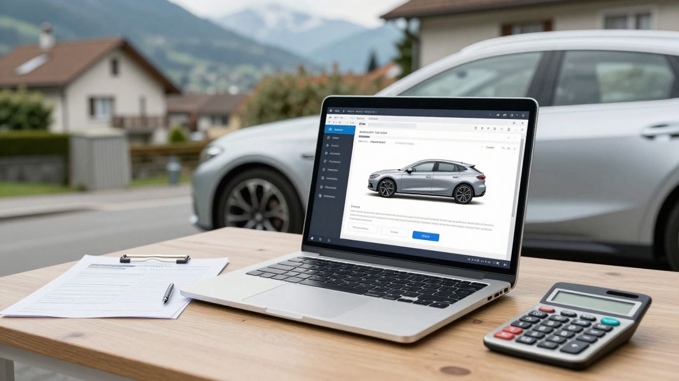 Laptop mit Fahrzeugdaten neben geparktem Schweizer Auto