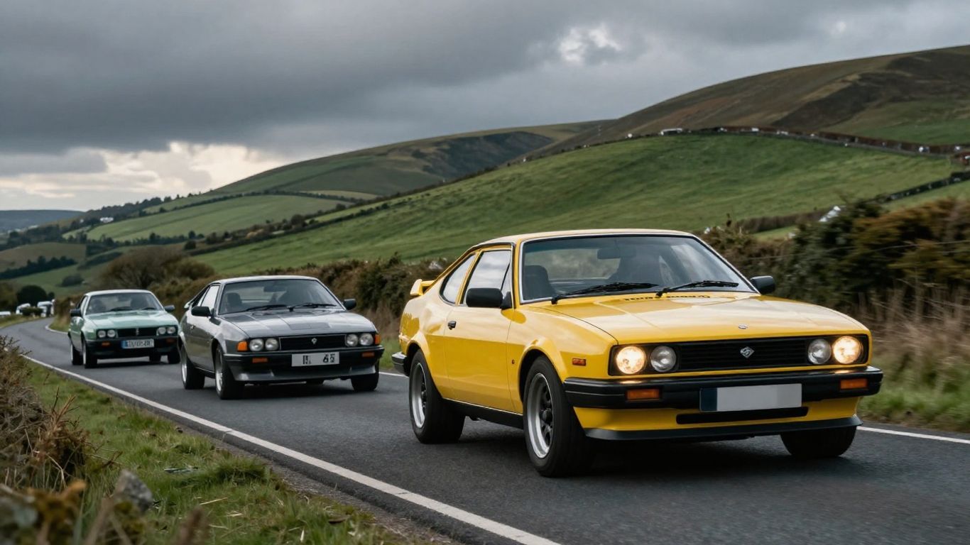 1980s performance cars on winding road