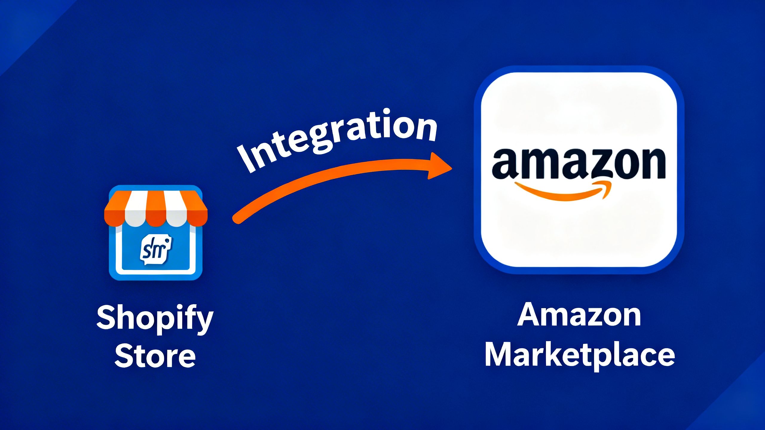 A diagram showing a Shopify store icon connecting to a massive Amazon marketplace icon, illustrating the concept of Shopify Amazon integration